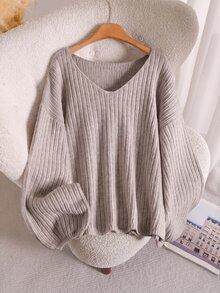Lounesse Plus Drop Shoulder Ribbed Knit Sweater Formal School College Orange Autumn Casual Soft Form - Khaki - View 1