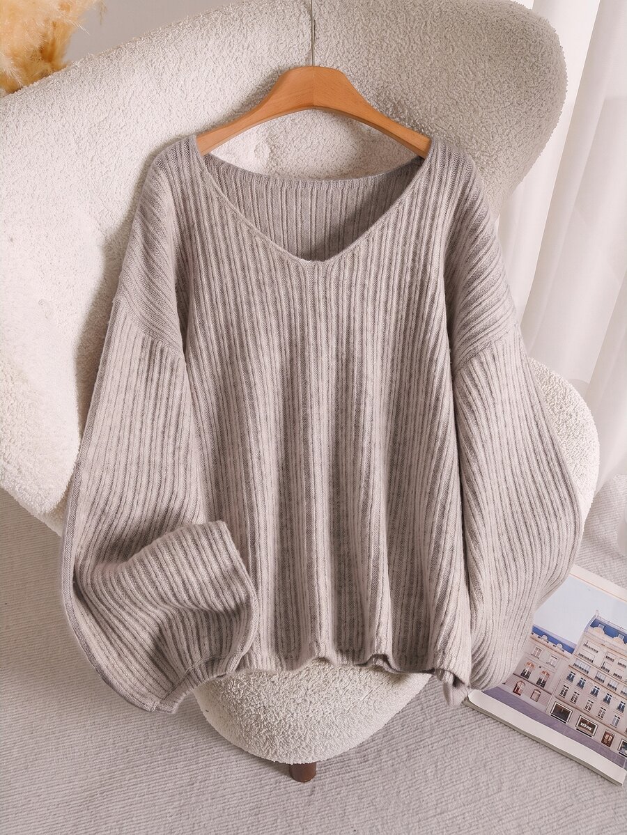 Lounesse Plus Drop Shoulder Ribbed Knit Sweater Formal School College Orange Autumn Casual Soft Form - Khaki - View 1