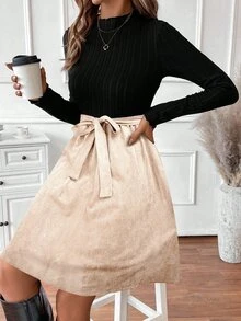 Structelle Women's Elegant Casual Knitted Patchwork Leopard Print Long Sleeve Dress Fall Cloth For Women - Apricot - View 5
