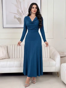 Feyla Women's Solid Color Long Sleeve Draped Neck Fitted Ruffle Hem Dress - Blue - View 6