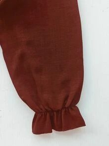 Linhara CURVE 女款純色前綁帶荷葉邊休閒賽車風長袖襯衫，春秋度假正式款棕色秋季 - 鏽棕色 - 查看 4