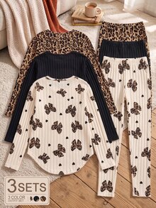 SHEIN 青少年女孩冬季套裝 3件組 羅紋豹紋蝴蝶結圖案長袖T恤與內搭褲 2件式服裝套裝 校園米色黑色 - 棕色 - 查看 2