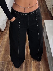 Jeanoix Y2K Plus Size Women's Fashion Studs Decorated Washed Denim Wide Leg Pants - Black - View 3