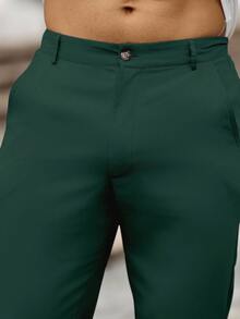 Manfinity Homme Pantalones casuales de pierna recta con bolsillos de unicolor para hombre, otoño - Verde Oscuro - Ver 5