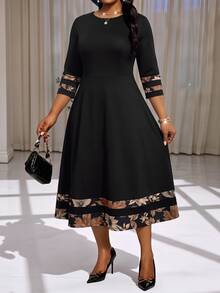 SHEIN Lady CURVE Plus Size Elegant Traditional Commuter Maple Leaf Pattern Patchwork Dress - Suitable For Teacher's Day, Formal Office And Cocktail Party (Black Summer Style) - Black - View 3