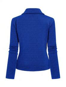 SHEIN EZwear 女款大尺碼紋理布料翻領拉鍊休閒機車夾克 - 寶藍色 - 查看 2