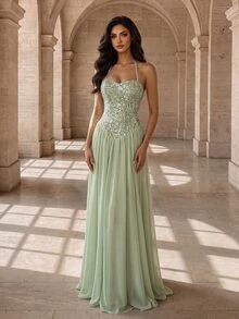Coutiva Light Green Halter Neck Heart-Shaped Collar Sequin Patchwork Chiffon Flowy Long Evening Gown - Green - View 4