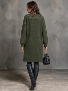 Solivie Women's Drop Shoulder Ribbed Knit Long Cardigan, Green Long Sleeve Top For Autumn/Winter Women Fall Winter Sweater Work Tops For Women - Green - View 2