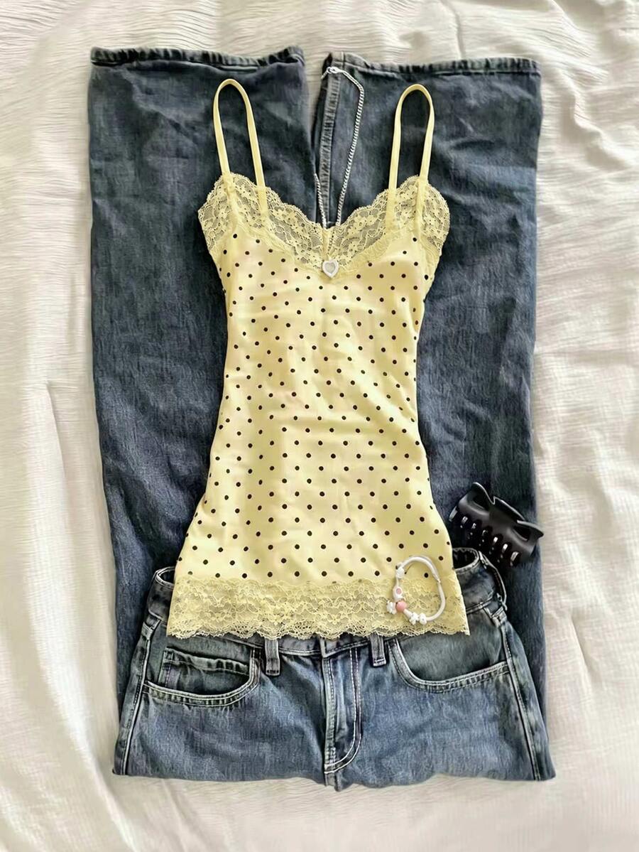 IslaSuriya 女款優雅度假風波點印花對比蕾絲修身細肩帶背心上衣 - 黃色 - 查看 1