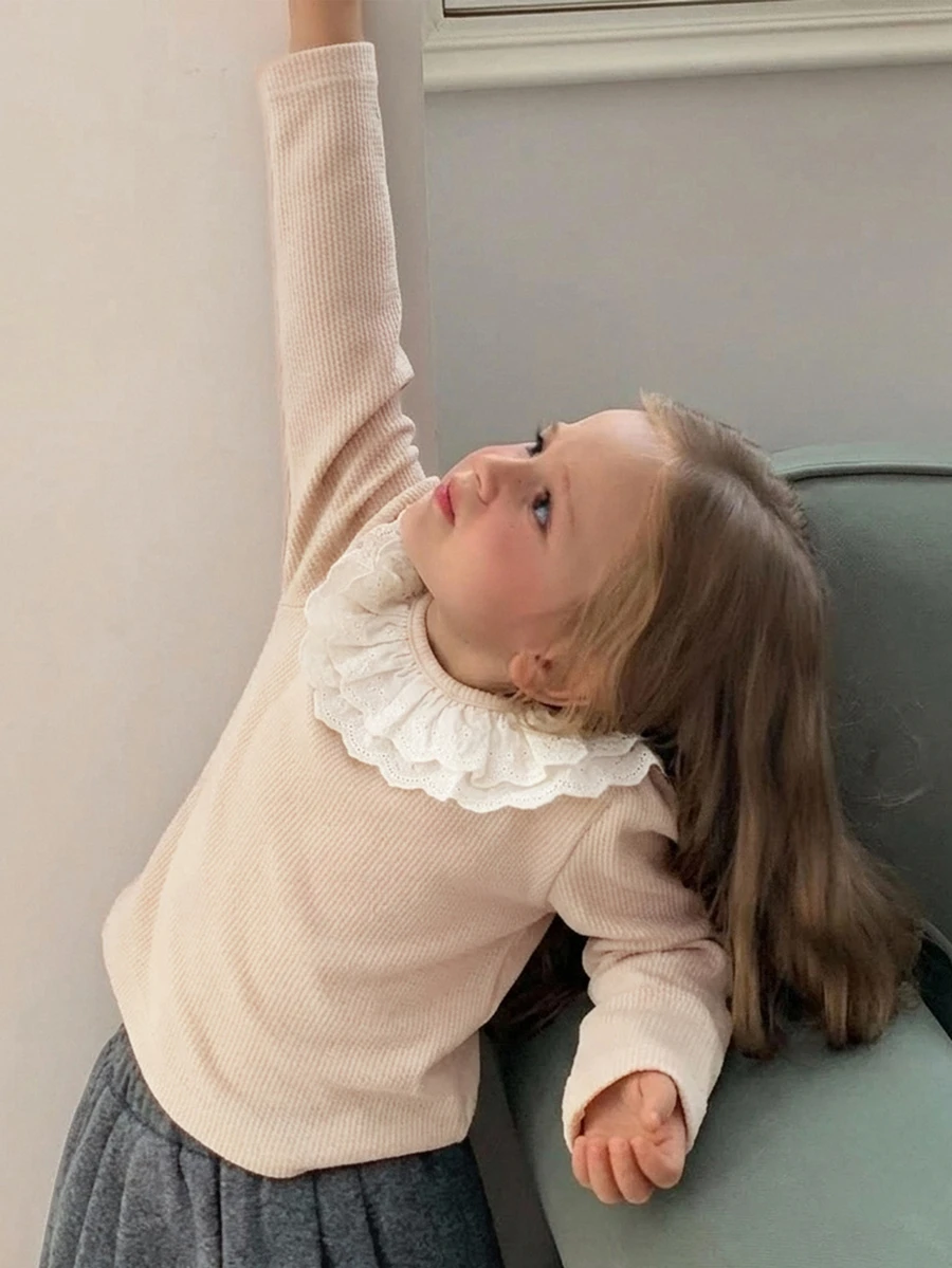 Hapijoa 女童幼兒秋季圓領針織拼色條紋短袖T恤 - 米色 - 查看 1