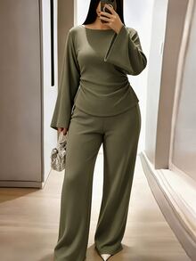 Easura Plus Size Women's Solid Color Pleated Long Sleeve Top And Pants Casual Daily Set - Army Green - View 5