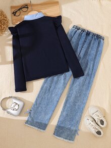2件組女童秋冬返校服飾 8-12歲 藍色休閒時尚荷葉邊長袖 2合1領口上衣附鈕扣 鬆緊腰 3D蝴蝶結長褲 舒適柔軟可愛 通勤適用 春/秋/冬 外出禮物 - 藍色 - 查看 2
