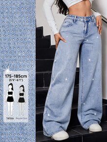 SHEIN Tall 女款休閒水鑽設計口袋直筒牛仔褲 - 淺色水洗藍 - 查看 7