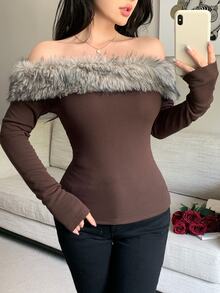 Feyla Women's Korean Style Faux Fur Patchwork Off-Shoulder T-Shirt - Coffee Brown - View 2