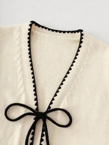 GlowEve CURVE Plus Size Casual Romantic Color Block Trim Tie Bow Ruffle Hem Flare Sleeve Knit Cardigan Elegant Sweater Fall Formal Black And White Winter - Apricot - View 4