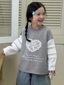 Dazy Kids 少女甜美字母印花蕾絲拼接運動衫 - 淺灰色 - 查看 5
