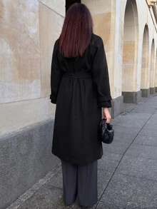 Anewsta 女款優雅長領雙排扣大衣，酒紅色，適合聖誕節、秋季、冬季、時尚、新年、休閒、奢華 - 黑色 - 查看 4