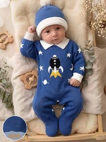 SHEIN Newborn Baby Cartoon Pattern Casual Daily Long Sleeve Jumpsuit - Blue - View 7