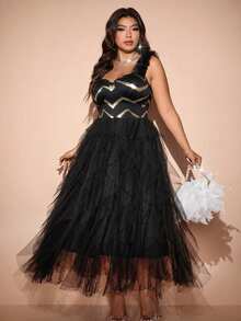 Cravure Plus Size Solid Color Elegant Sleeveless Party Dress With Mesh Splice Maxi Women Outfit - Black - View 5