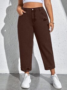 SHEIN EZwear 大尺碼鈕扣口袋拉鍊拼接純色牛仔褲 - 咖啡棕 - 查看 1