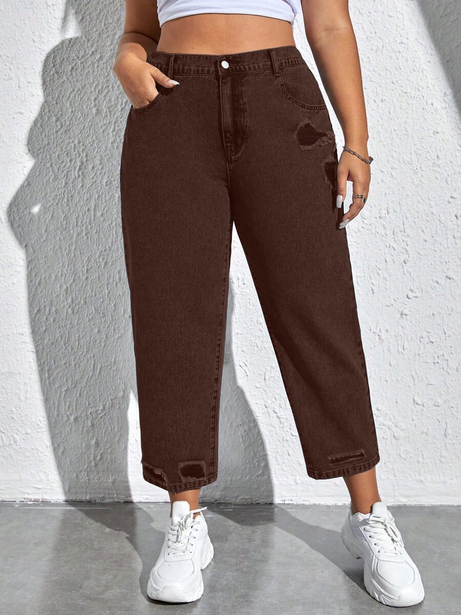 SHEIN EZwear 大尺碼鈕扣口袋拉鍊拼接純色牛仔褲 - 咖啡棕 - 查看 1