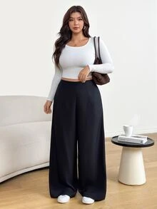 Shapeblank Celana Panjang Wanita Ukuran Plus Warna Hitam dengan Pinggang Tinggi dan Potongan Lebar – Bergaya, Longgar, dan Serbaguna untuk Pemakaian Sehari-hari (Musim Semi/Gugur), Musim Gugur/Dingin, Hari Thanksgiving, Tahun Baru - Hitam - View 6