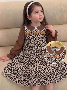 SHEIN Elladie kids 女童豹紋長袖洋裝，彼得潘領蕾絲飾邊，可愛蝴蝶結裝飾，泡泡袖 - 咖啡棕 - 查看 1