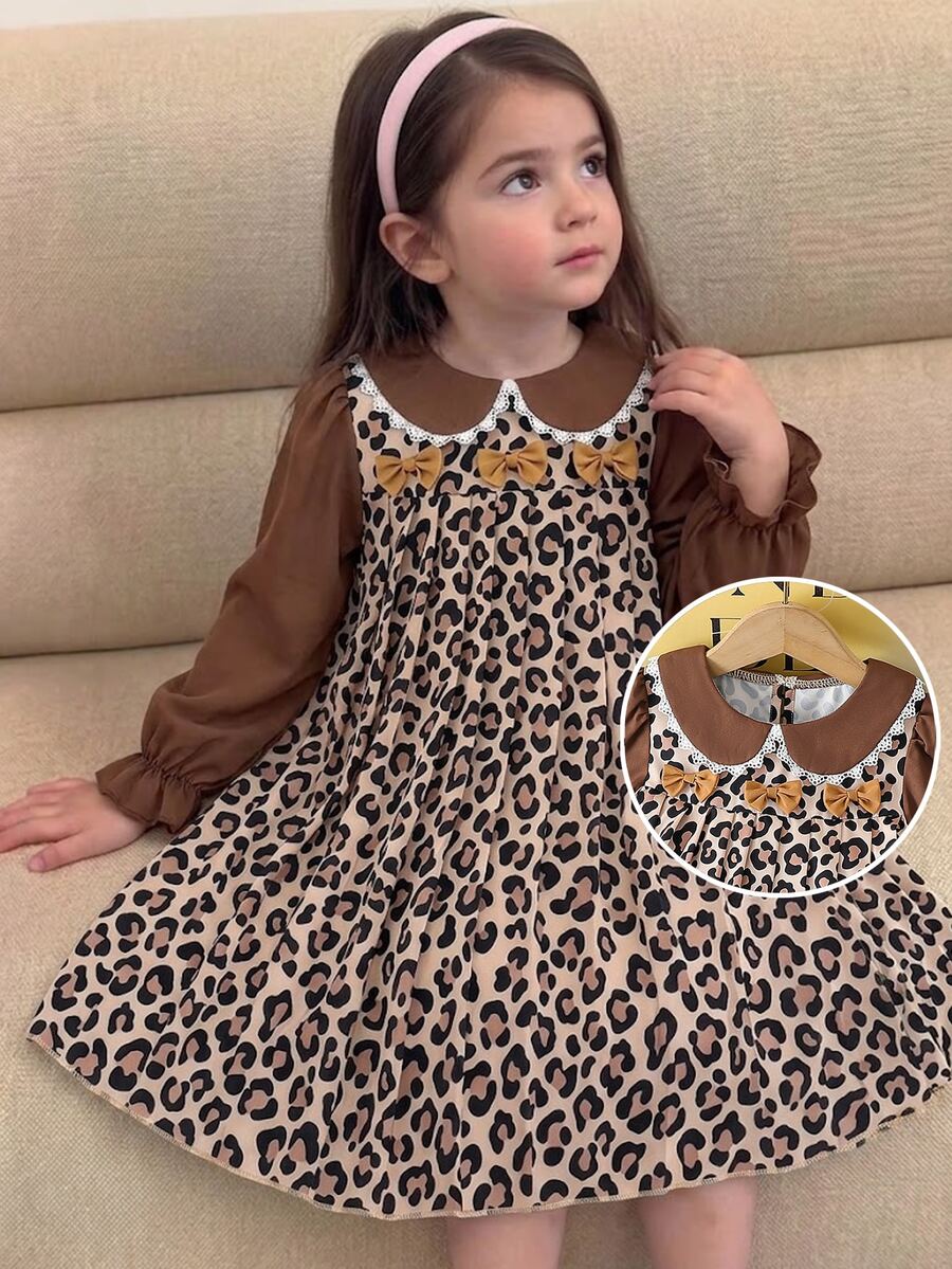 SHEIN Elladie kids 女童豹紋長袖洋裝,彼得潘領蕾絲飾邊,可愛蝴蝶結裝飾,泡泡袖 - 咖啡棕 - 查看 1