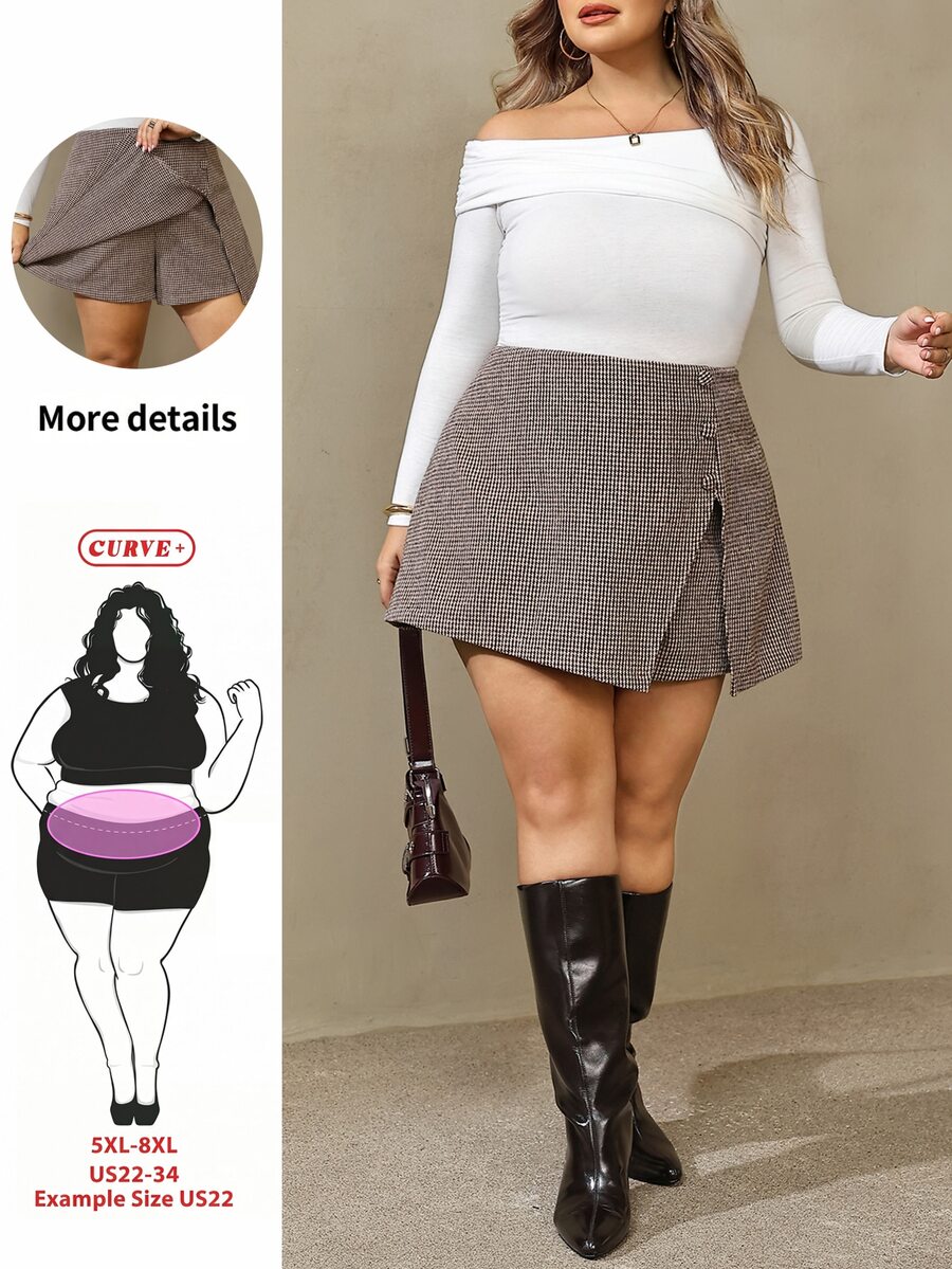 SHEIN CURVE+ تنورة قصيرة نسائية بمقاس كبير بنقشة هوندستوث مع فتحة جانبية وتصميم أزرار أنيق - الأسود - مشاهدة 1