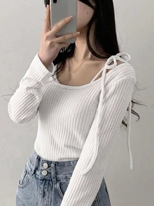 DAZY 女款綁帶長袖圓領純色修身休閒T恤 - 白色 - 查看 2