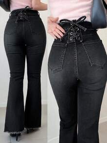 Dazy Plus Elastic Waist Tie Design Elegant Sexy Versatile Flare Jeans Spring Autumn New Style - Black - View 3