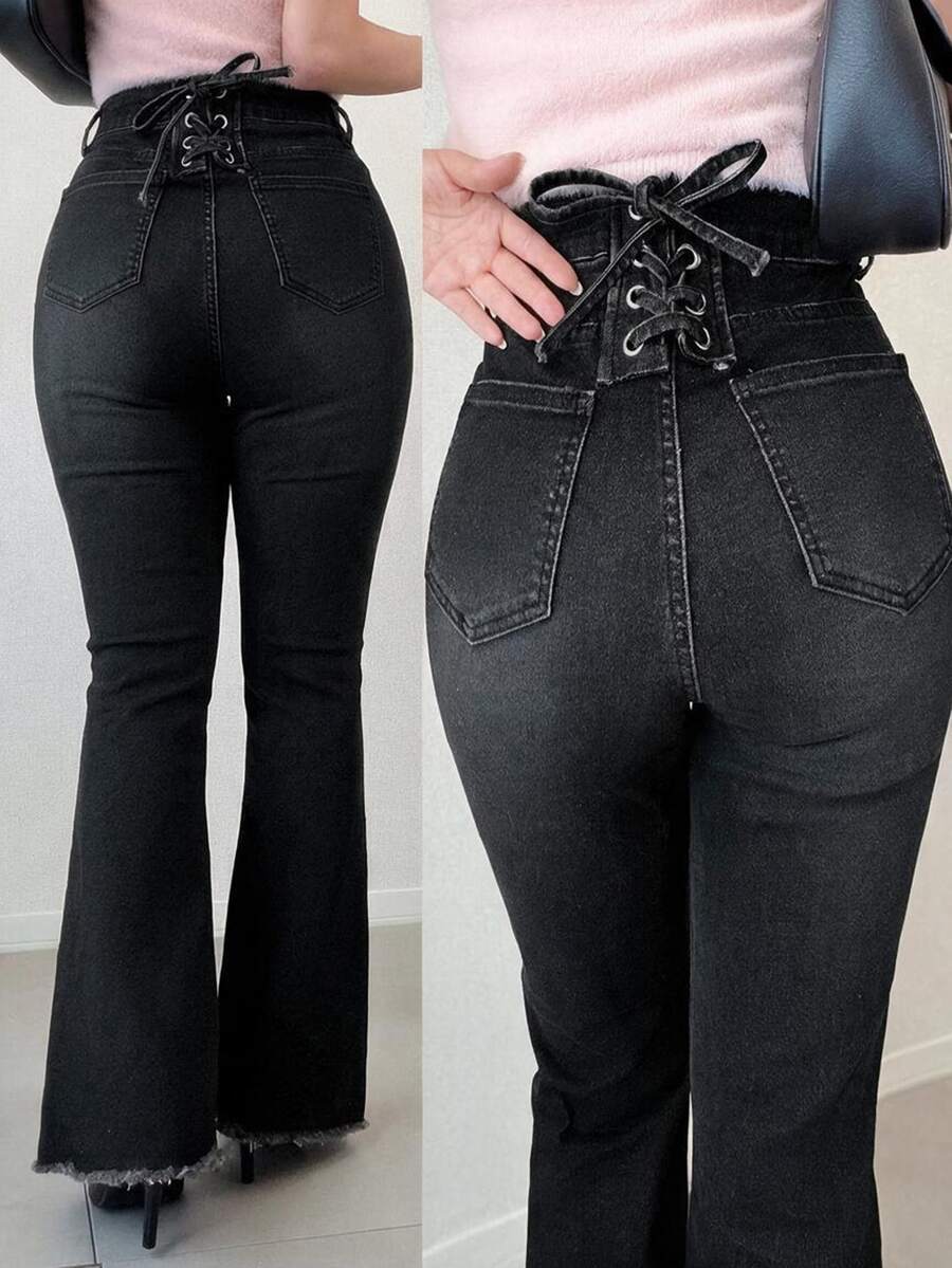 Dazy Plus Elastic Waist Tie Design Elegant Sexy Versatile Flare Jeans Spring Autumn New Style - Black - View 1
