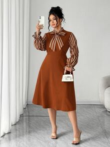 Elenzga 大尺碼女款秋冬時尚優雅休閒外出長袖條紋收腰A字洋裝 - 薑色 - 查看 3