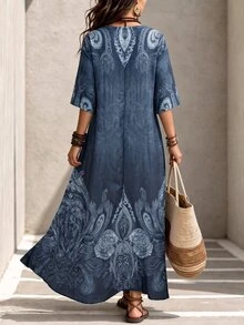 Linhara CURVE Fashion Plus Size Women's Vintage Print Long Robe, Loose Fit V-Neck Bohemian Dress, Suitable For Spring, Summer And Autumn - Blue - View 2