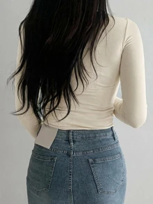 DAZY 女款高領長袖T恤，黑色，春夏秋季，可愛上衣女裝 - 杏色 - 查看 6