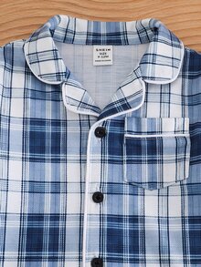 SHEIN 2件組嬰兒男童女童長袖格紋領短袖鈕扣上衣＋鬆緊腰長褲兩件套格紋睡衣家居服，適合秋冬 - 彩色 - 查看 3