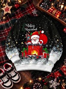 Young Boy Christmas Santa, Gift Box, Snowflake And Other Christmas Elements Crew Neck Sweatshirt, Suitable For Christmas Activities And Photo Shoots - White - View 4