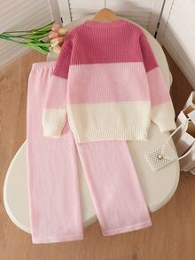 New Fashion Versatile Cute Girls Heart Bow Knitted Sweater Set - Pink - View 2