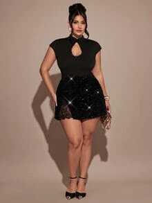 SHEIN BAE CURVE 大尺碼女款黑色亮片迷你裙 - 黑色 - 查看 4