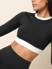 SHEIN BAE تي شيرت رياضي كاجوال يومي بأكمام طويلة وتصميم ألوان متباينة للنساء - الأسود - مشاهدة 3