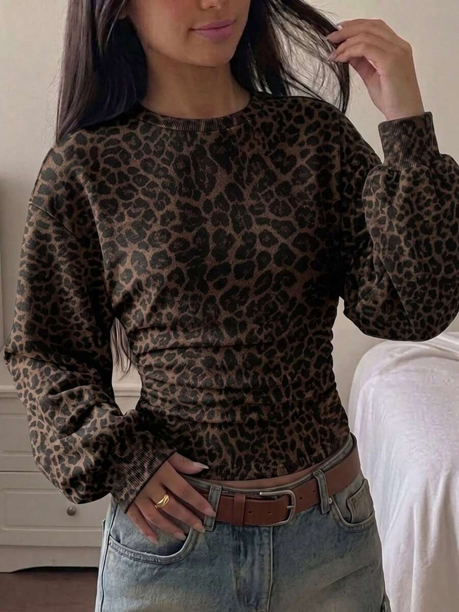 Teen Girls Fall/Winter Back To Basic Solid Color Pleated Asymmetrical Neck Long Sleeve Pullover - Multicolor - View 1