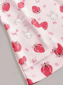 PopScrub Cute Pink Floral Bow Strawberry Rabbit Women's Scrub Top - Multicolor - View 4