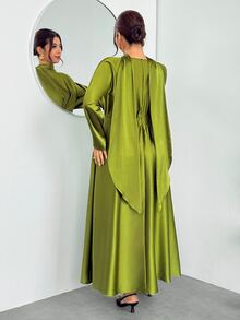 Firerie Plus Size Minimalist Satin Long Sleeve Fashion Dress - Olive Green - View 4