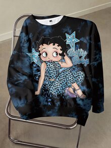 Betty Boop x SHEIN 大尺碼女款五角星紮染印花長袖圓領運動衫 - 白色 - 查看 1
