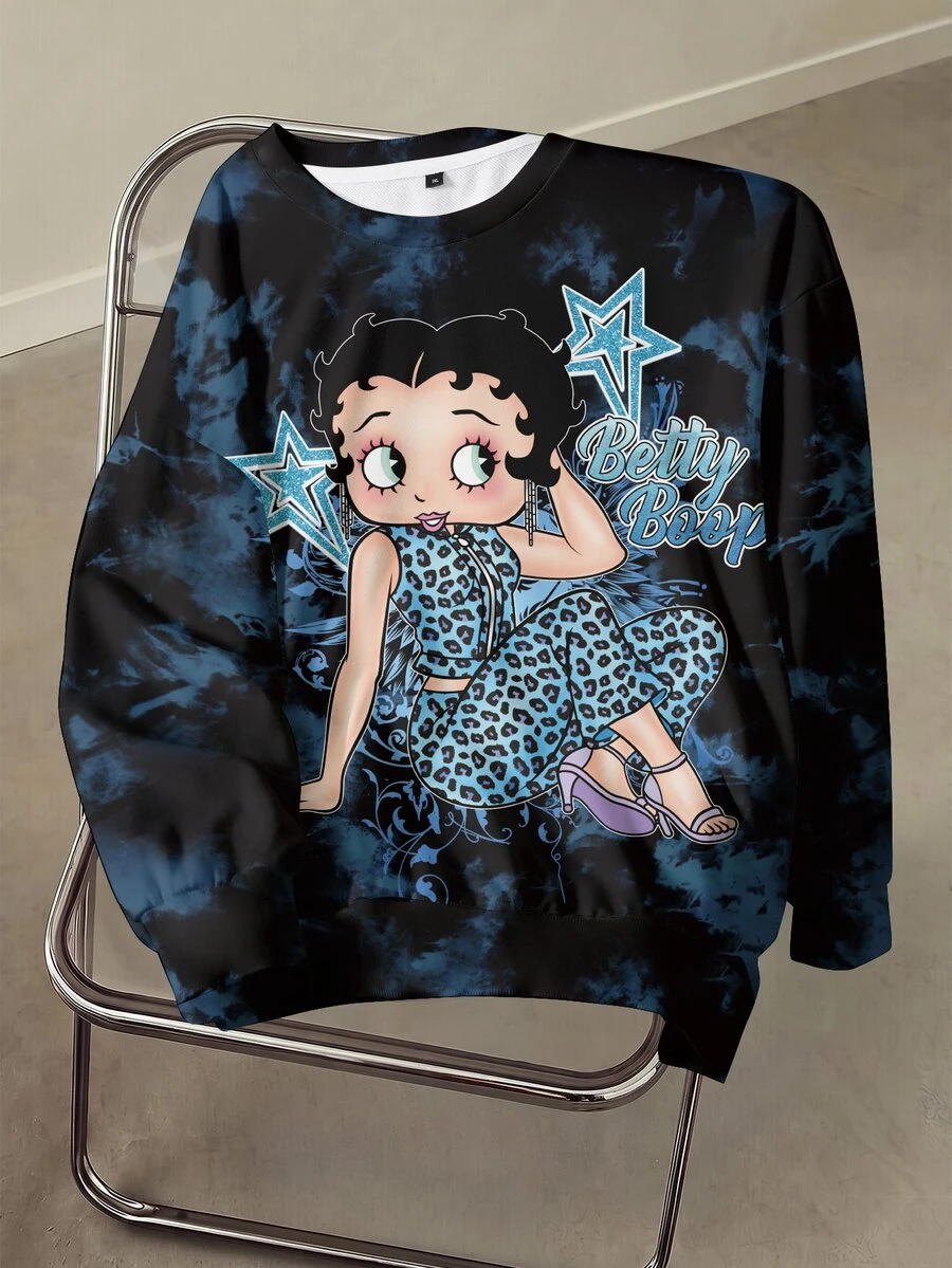 Betty Boop x SHEIN 大尺碼女款五角星紮染印花長袖圓領運動衫 - 白色 - 查看 1