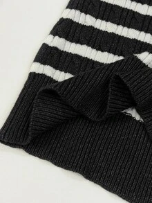 StreetHx 女款秋冬大圓領鈕扣對比色條紋粗針編織可愛百搭熱門日常修身長袖針織衫 - 深灰色 - 查看 11