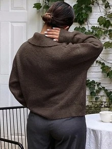 Dazy Plus Solid Color Casual Versatile Loose Fit Diagonal Slit Collar Design Blogger Style Autumn/Winter New Pullover Sweater - Brown - View 2