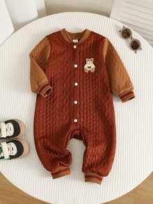 SHEIN 男女通用新生兒嬰兒/幼兒秋冬保暖內裡加厚拼色拼接時尚可愛連身衣，棒球套裝運動服，嬰兒冬季連身衣運動服 - 咖啡棕 - 查看 1
