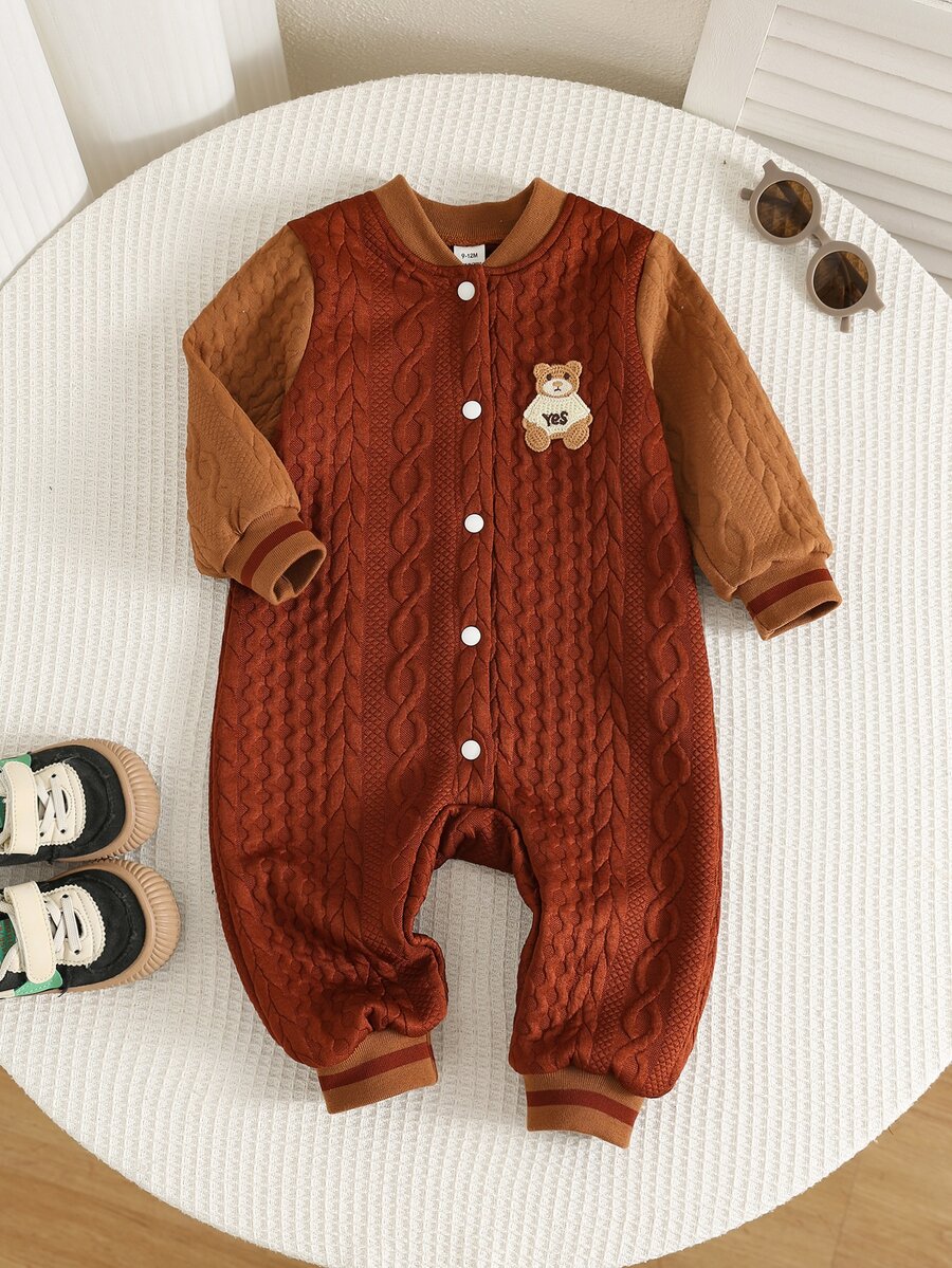 SHEIN 男女通用新生兒嬰兒/幼兒秋冬保暖內裡加厚拼色拼接時尚可愛連身衣,棒球套裝運動服,嬰兒冬季連身衣運動服 - 咖啡棕 - 查看 1