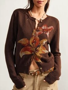 Bohemela Casual Crew Neck Single-Breasted Long Sleeve Floral Pattern Women's Cardigan - Coffee Brown - View 4